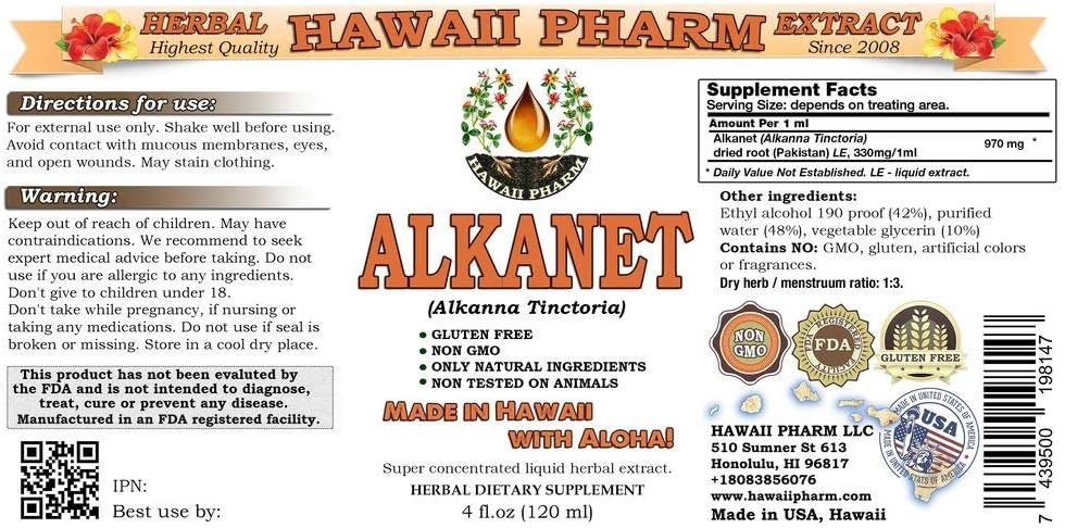 Alkanet Root Tincture Herbal Supplement 15x4 oz - Hawaii Pharm Alkanet Liquid Extract