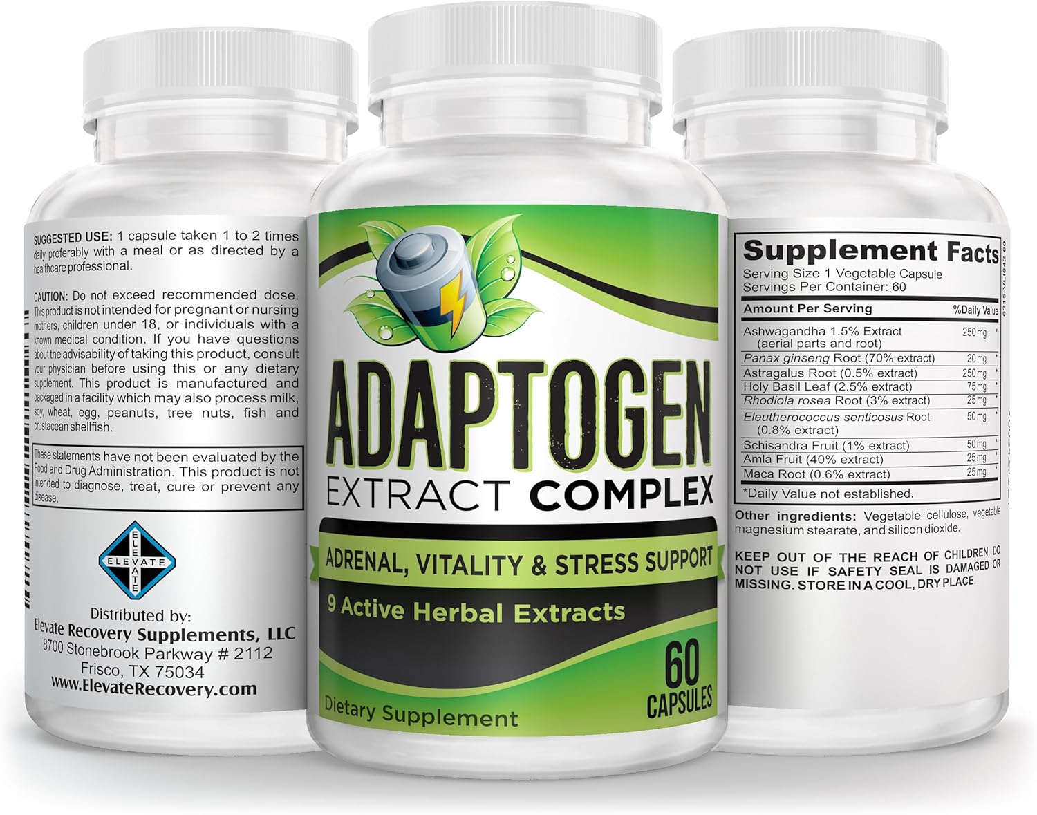 All-in-1 Adaptogen Blend Supplement with 9 Herbal Extracts - Natural Energizing Complex for Recovery - 30 Day Supply of 60 Capsules