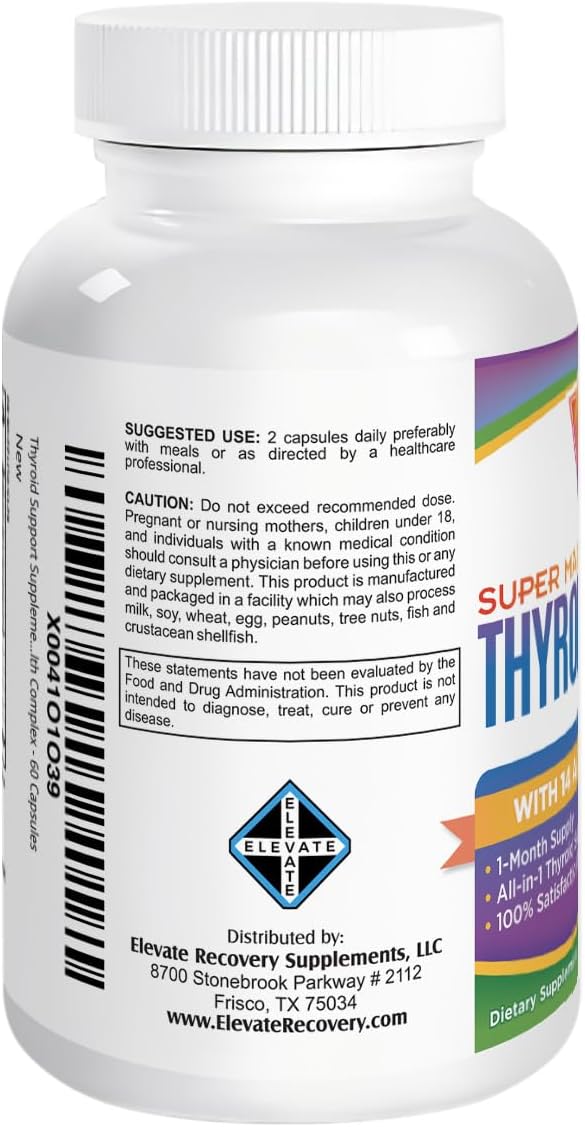 All-in-1 Thyroid Support Supplement with 14 Active Ingredients - Thyroid Health Complex for Women & Men - Elevate Recovery Supplements - 60 Capsules