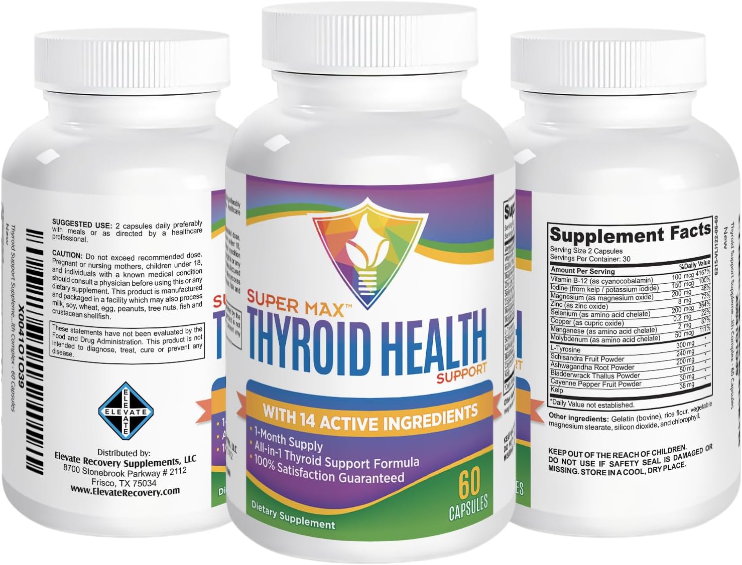 All-in-1 Thyroid Support Supplement with 14 Active Ingredients - Thyroid Health Complex for Women & Men - Elevate Recovery Supplements - 60 Capsules