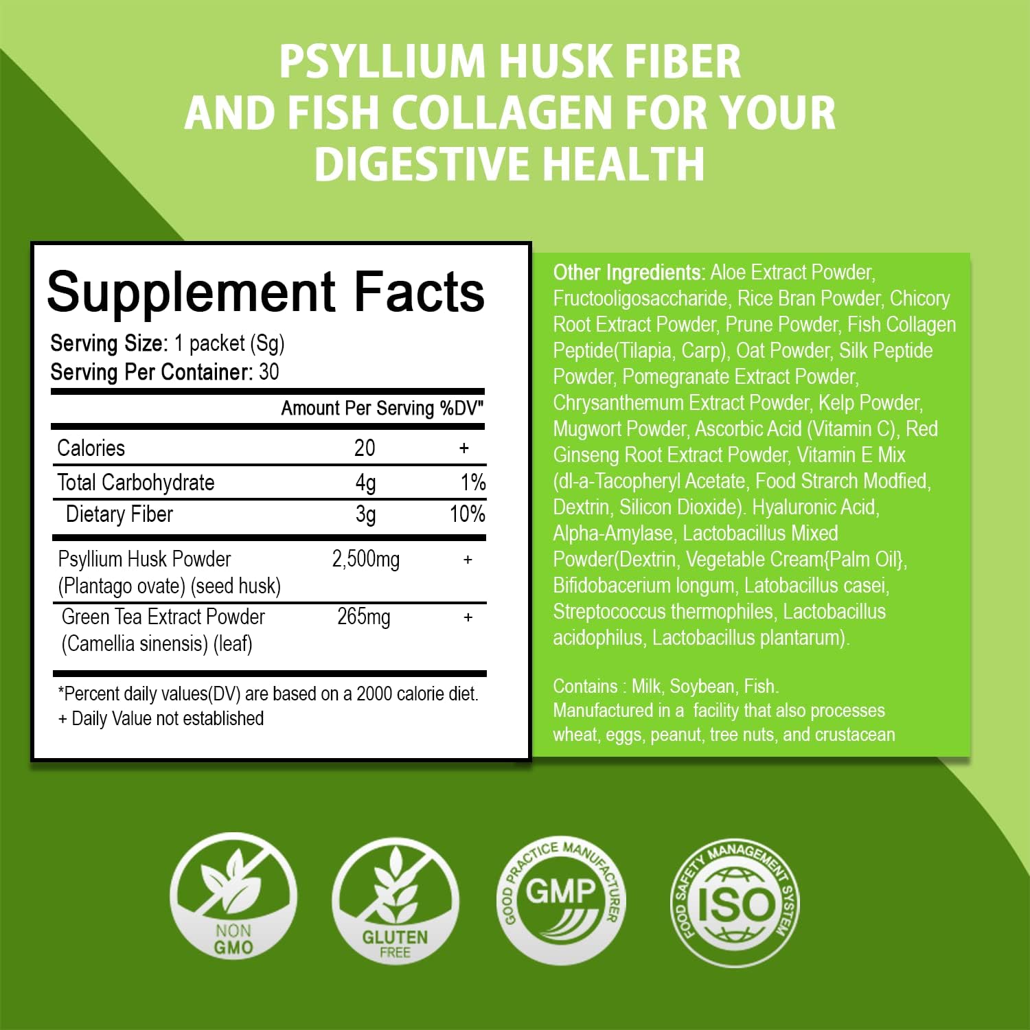 All-in-One Digestive Health Supplement with Psyllium Husk Fiber & Fish Collagen - 30 Packets