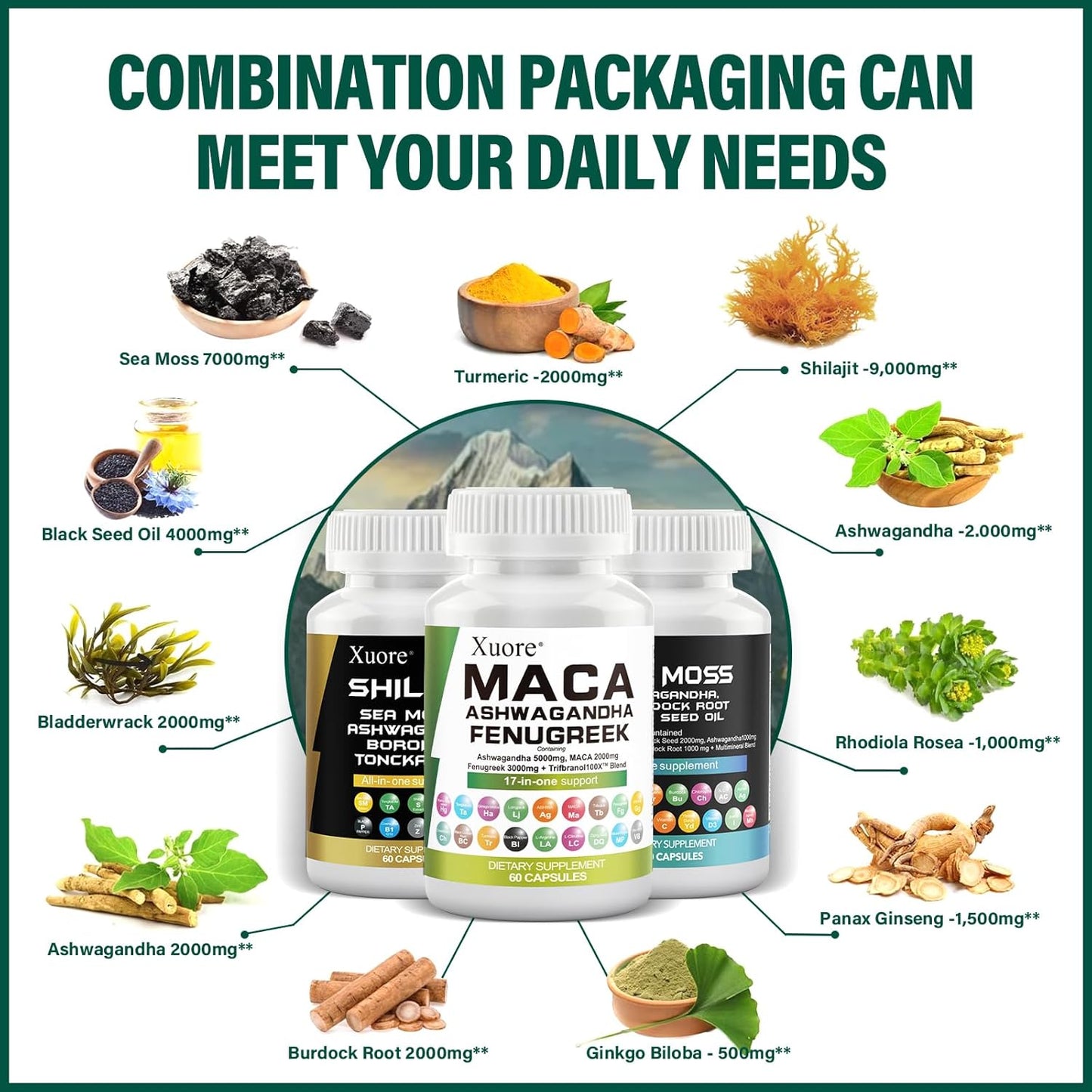 All-in-One Supplement Pack with Sea Moss, Black Seed Oil, Ashwagandha, Ginger, and More for Enhanced Wellness