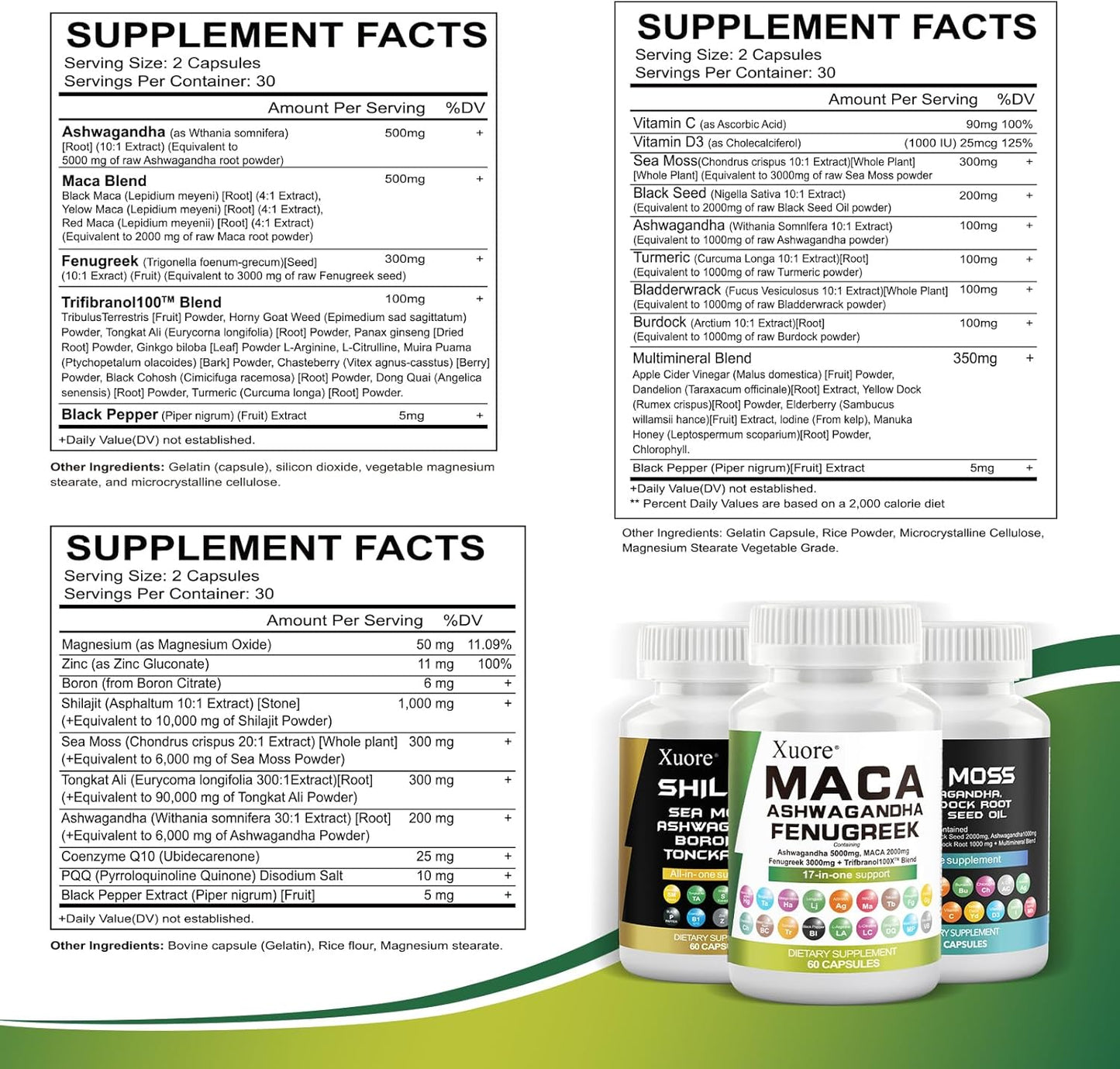 All-in-One Supplement Pack with Sea Moss, Black Seed Oil, Ashwagandha, Ginger, and More for Enhanced Wellness