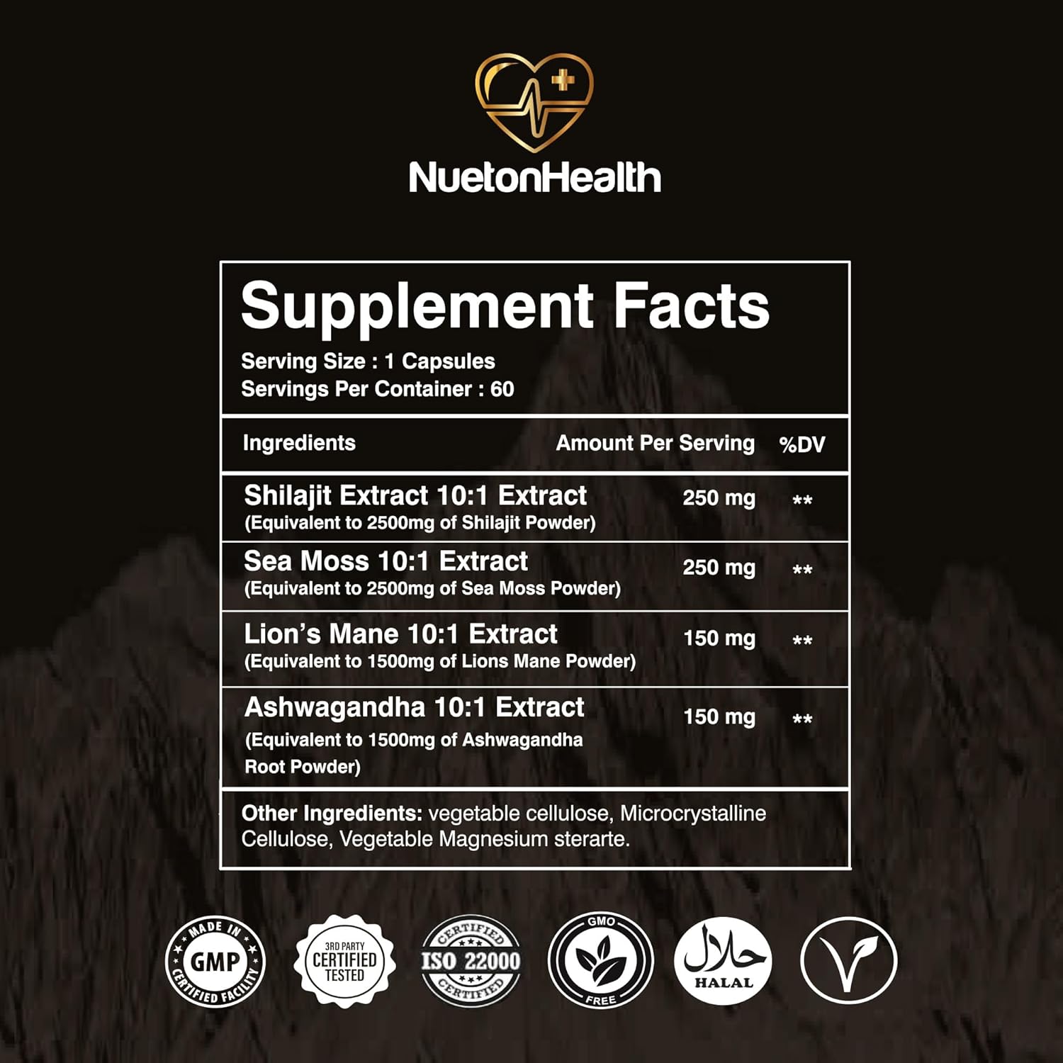 All-in-One Vegan Capsules for Mind, Body, and Vitality with Shilajit, Sea Moss, Lion's Mane, and Ashwagandha - 60 Capsules