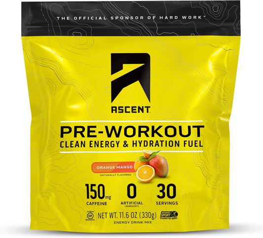 All-Natural Ascent Pre Workout Powder - Clean Energy with 150g Caffeine & 250g Electrolytes - Orange Mango Flavor - 30 Servings for Men & Women