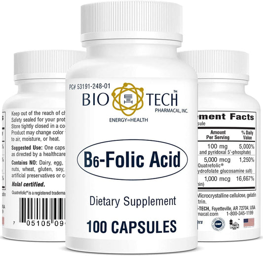 All-Natural Bio-Tech Pharmacal B6-Folic Acid Capsules for Cardiovascular, Bone, & Nervous System Health - 100 Count - Dairy, Fish, Gluten, Peanut, Shellfish, Halal, Soy-Free