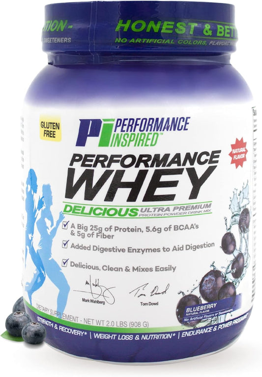 All Natural Blueberry WHEY Protein Powder with 25G Protein, BCAAs, Digestive Enzymes, and Fiber - 2lb Pack by PERFORMANCE INSPIRED Nutrition