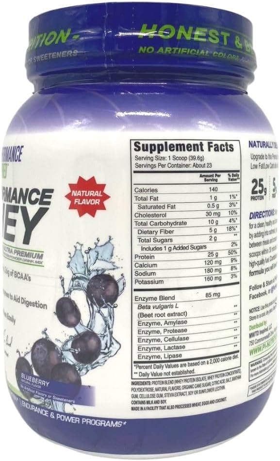 All Natural Blueberry WHEY Protein Powder with 25G Protein, BCAAs, Digestive Enzymes, and Fiber - 2lb Pack by PERFORMANCE INSPIRED Nutrition