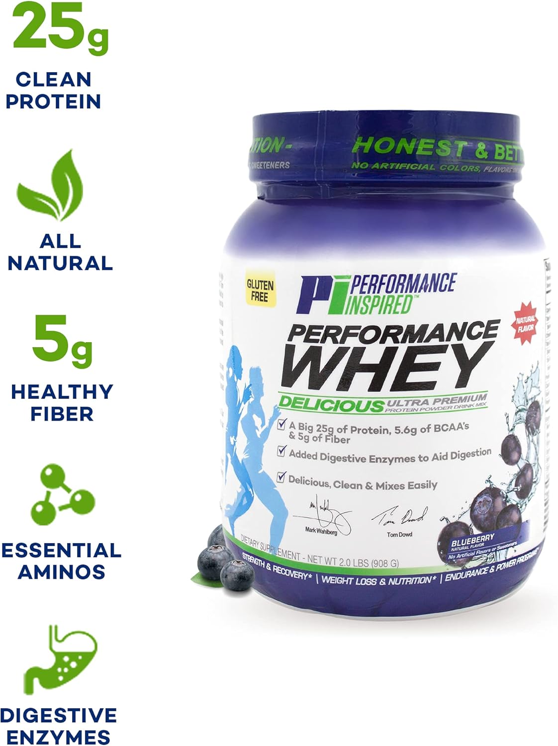 All Natural Blueberry WHEY Protein Powder with 25G Protein, BCAAs, Digestive Enzymes, and Fiber - 2lb Pack by PERFORMANCE INSPIRED Nutrition