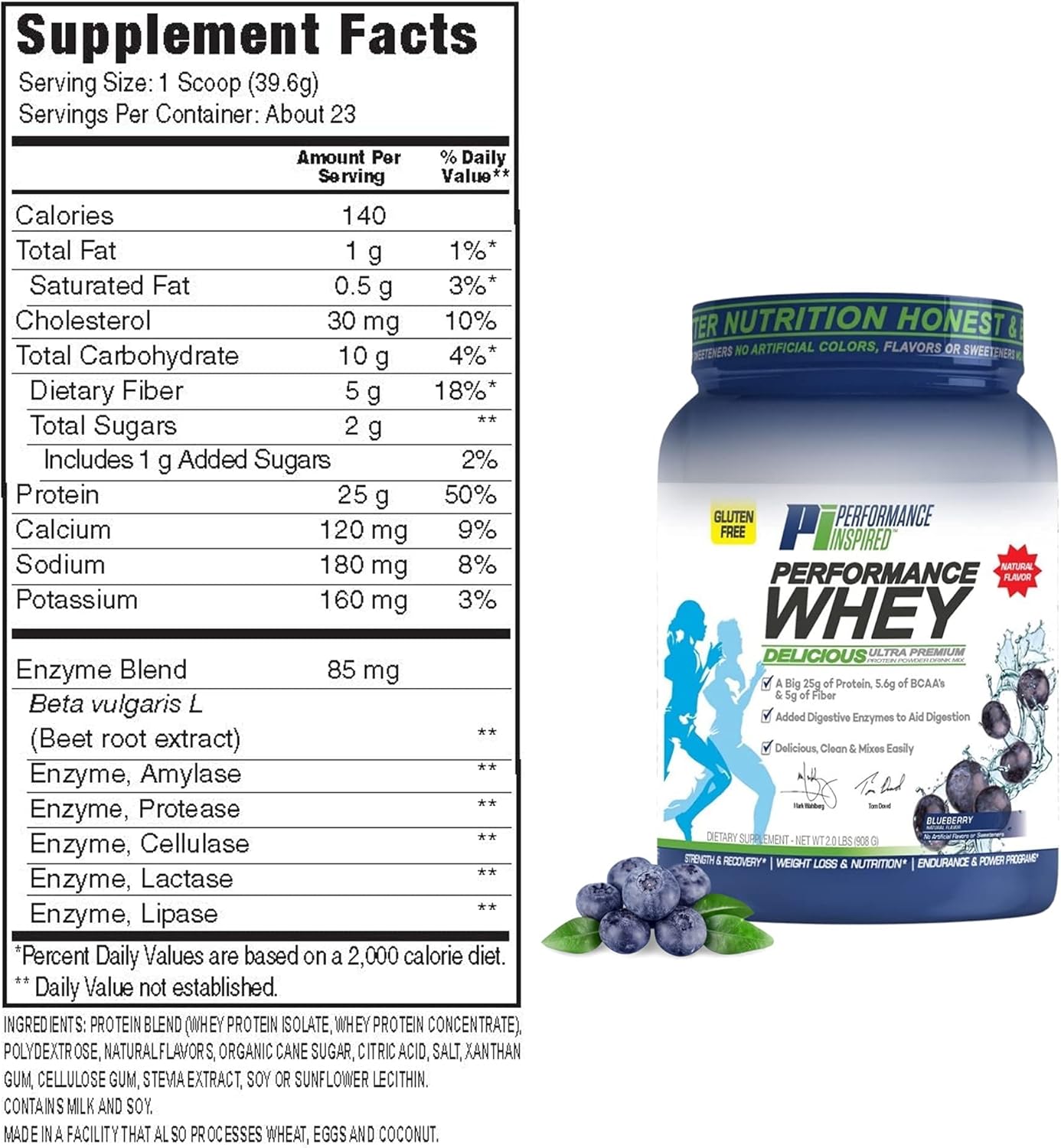 All Natural Blueberry WHEY Protein Powder with 25G Protein, BCAAs, Digestive Enzymes, and Fiber - 2lb Pack by PERFORMANCE INSPIRED Nutrition