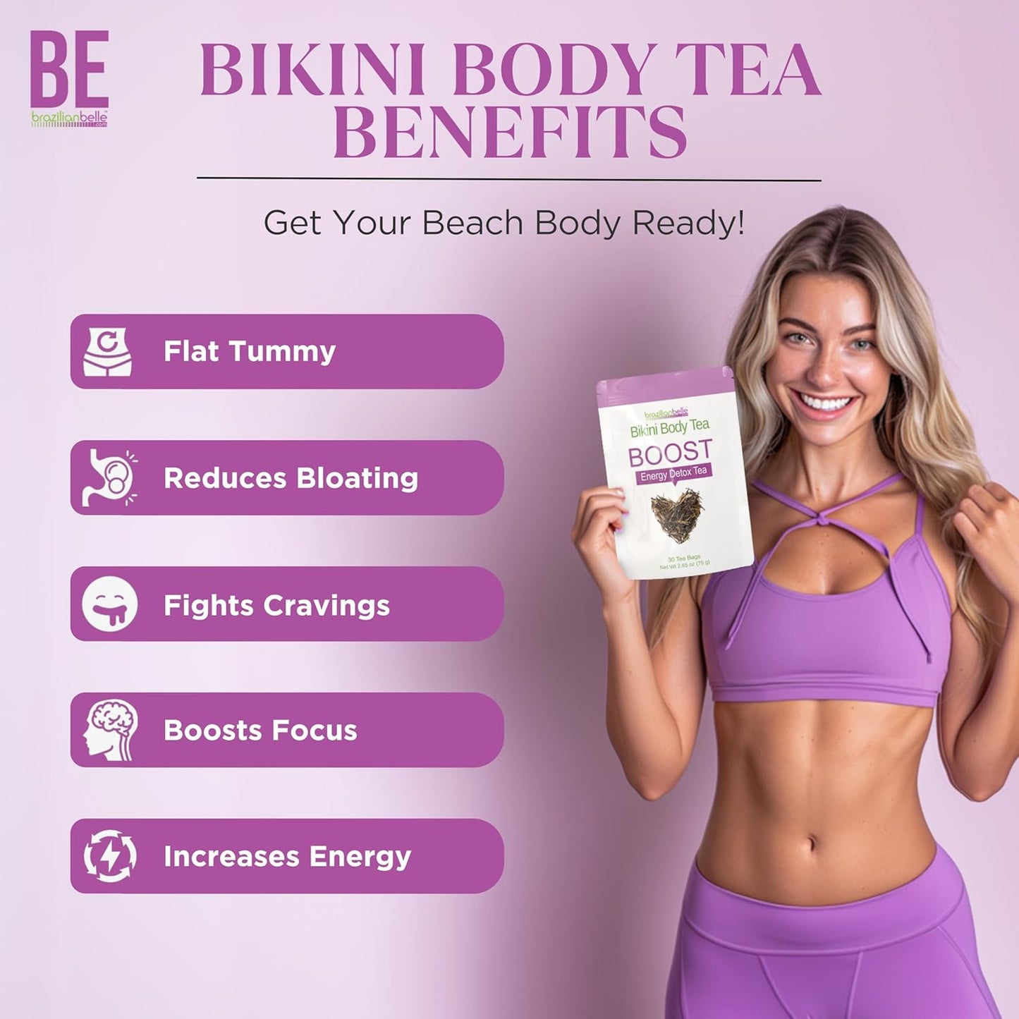 All Natural Brazilian Belle Bikini Body Detox Tea - Gentle Colon Cleanse Tea for Weight Support & Bloating Relief - Herbal Blend (30 ct)