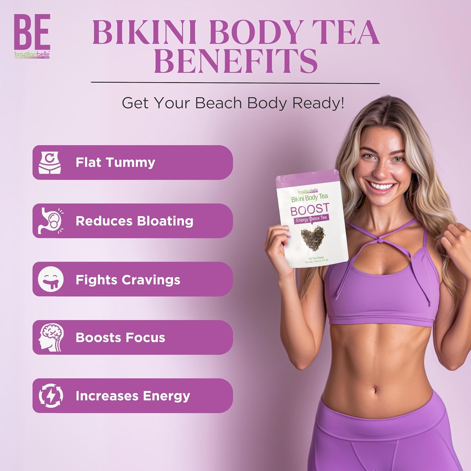 All Natural Brazilian Belle Bikini Body Detox Tea - Gentle Colon Cleanse Tea for Weight Support & Bloating Relief - Herbal Blend (30 ct)