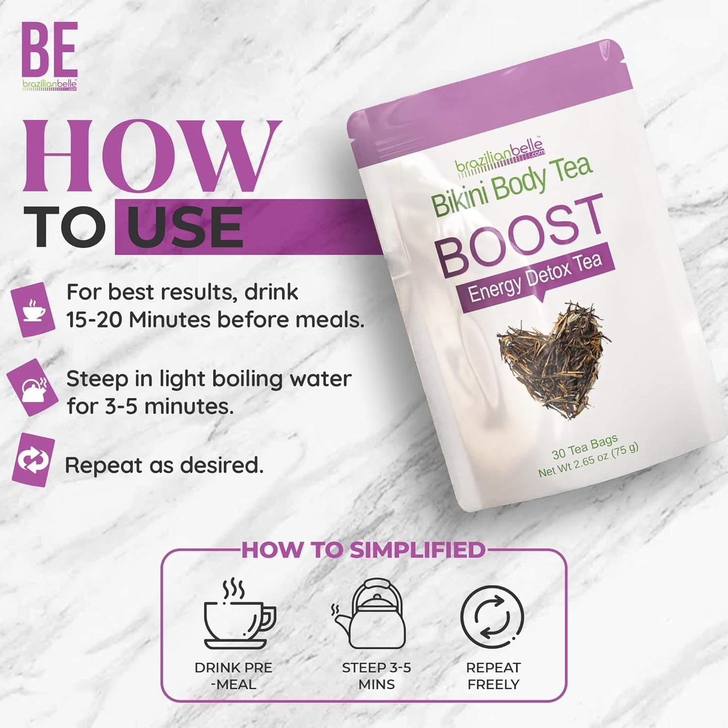 All Natural Brazilian Belle Bikini Body Detox Tea - Gentle Colon Cleanse Tea for Weight Support & Bloating Relief - Herbal Blend (30 ct)