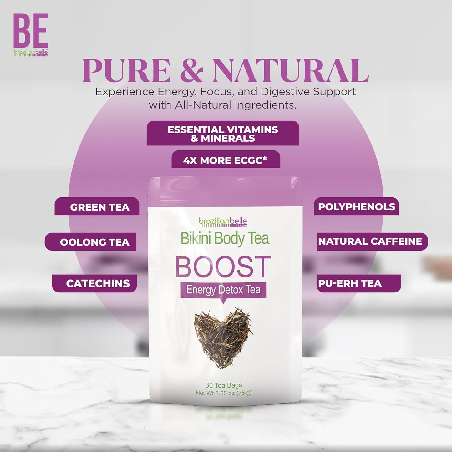 All Natural Brazilian Belle Bikini Body Detox Tea - Gentle Colon Cleanse Tea for Weight Support & Bloating Relief - Herbal Blend (30 ct)