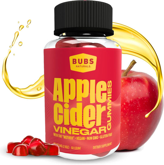 All-Natural BUBS Naturals Apple Cider Vinegar Gummies with B Vitamins - 60 Count Vegan ACV Gummy Vitamins for Detox, Digestion, & Energy Boost