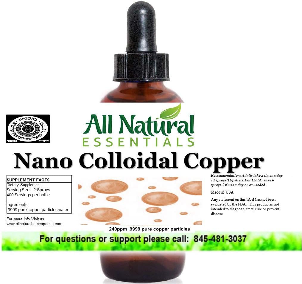All-Natural Colloidal Copper Liquid Mineral Supplement 2oz Bottle - 240ppm Concentration - Kosher Certified for Adults, Men, Women, Kids - With Dropper