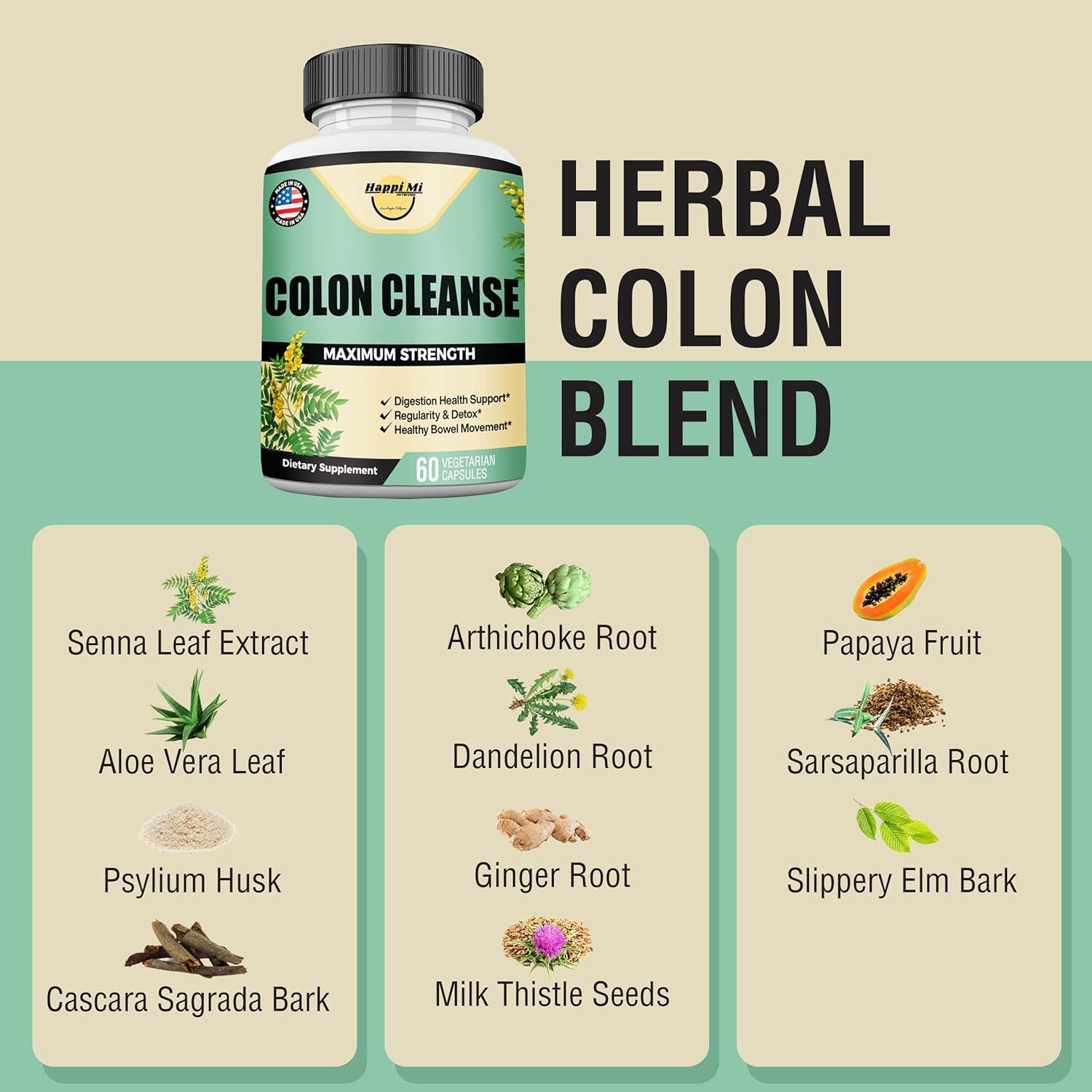 All Natural Colon Cleanse Detox Herbal Formula for Healthy Bowel Movements & Gut Health - Non-GMO - 60 Capsules
