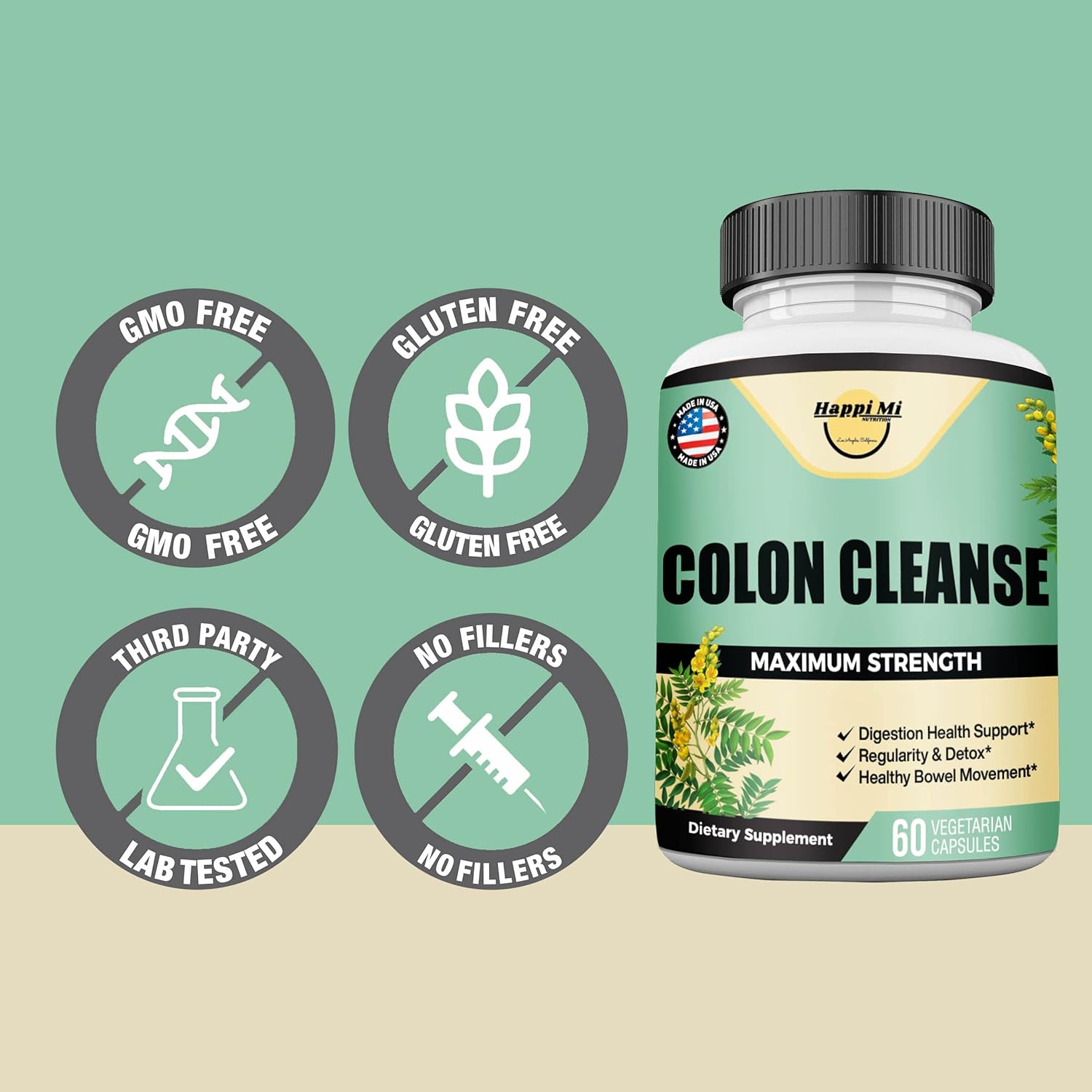 All Natural Colon Cleanse Detox Herbal Formula for Healthy Bowel Movements & Gut Health - Non-GMO - 60 Capsules