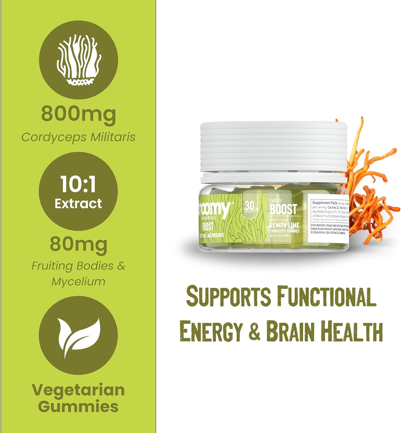 All Natural Cordyceps Mushroom Gummies for Active Lifestyle & Focus - Lemon Lime Flavor - 30 Count