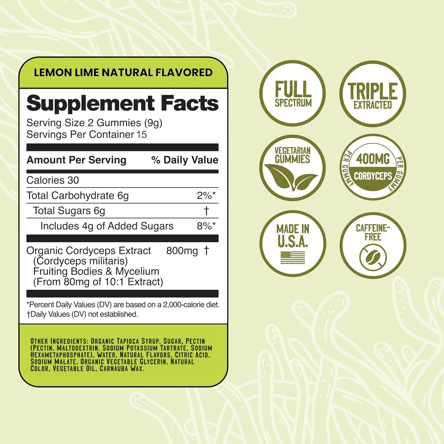 All Natural Cordyceps Mushroom Gummies for Active Lifestyle & Focus - Lemon Lime Flavor - 30 Count