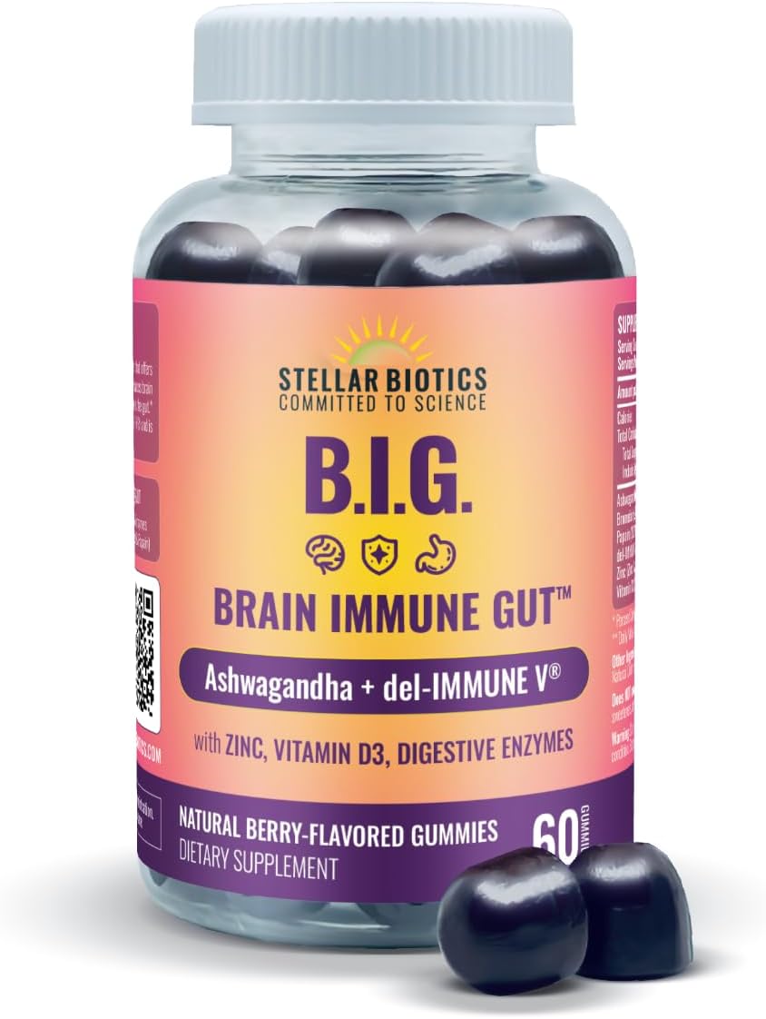 All Natural Del-Immune V + Ashwagandha Brain Immune Gut Gummies - Immune & Gut Support with Zinc, Vitamin D3, and Digestive Enzymes (60 Count)