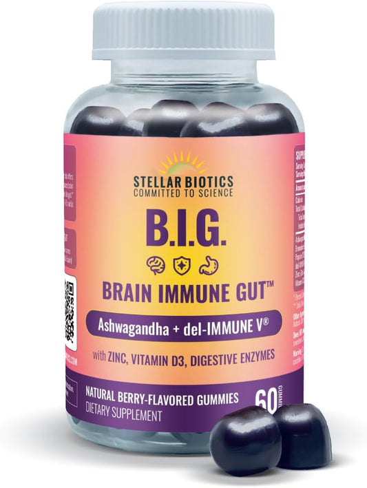 All Natural Del-Immune V + Ashwagandha Brain Immune Gut Gummies - Immune & Gut Support with Zinc, Vitamin D3, and Digestive Enzymes (60 Count)