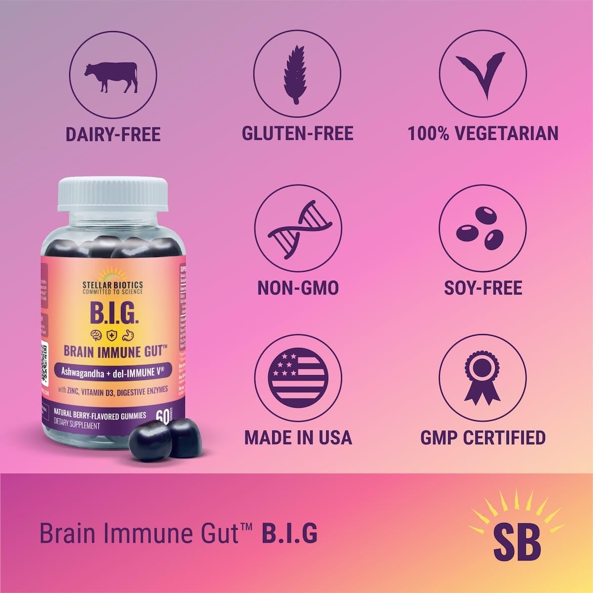 All Natural Del-Immune V + Ashwagandha Brain Immune Gut Gummies - Immune & Gut Support with Zinc, Vitamin D3, and Digestive Enzymes (60 Count)