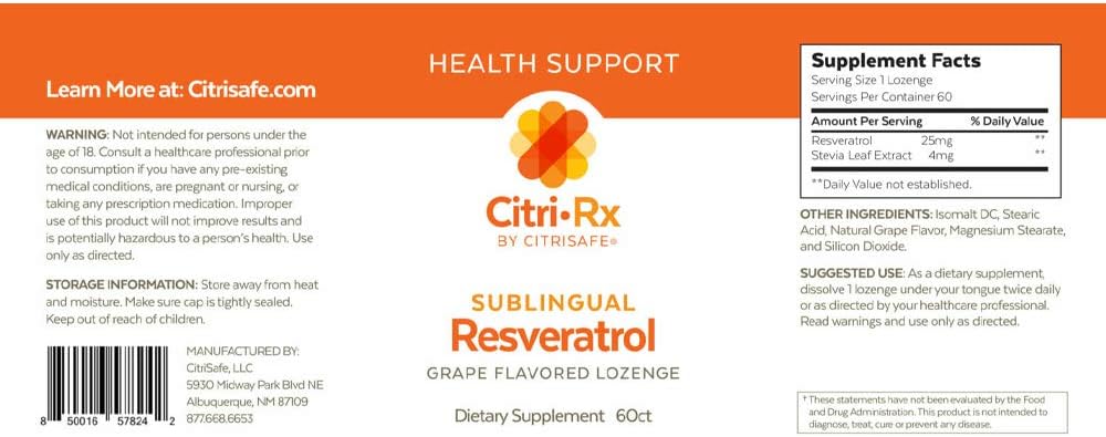 All-Natural Grape Flavored CitriSafe CitriRx Resveratrol Sublingual Lozenge for Overall Health Support - 60 Count