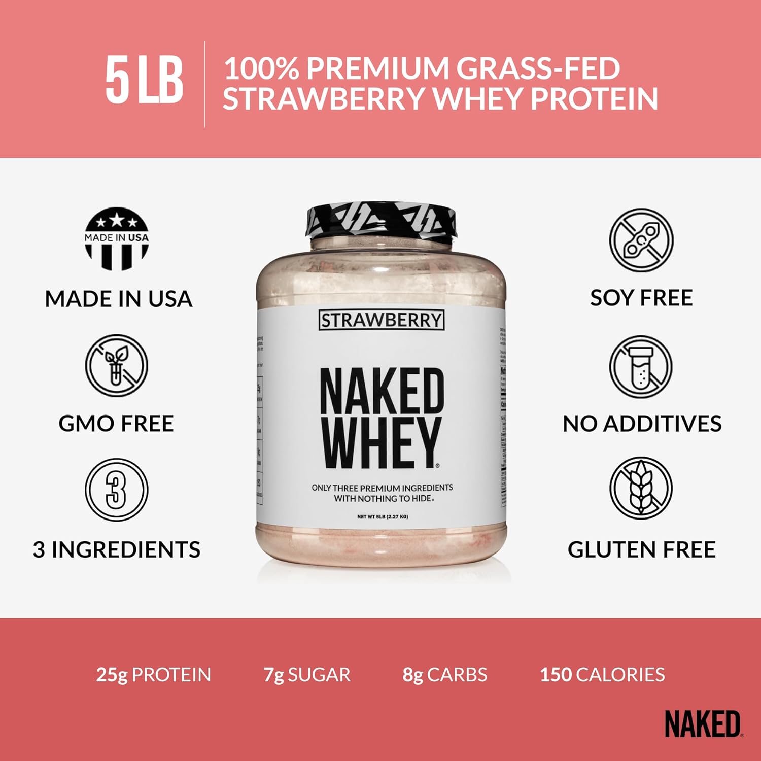 All Natural Grass Fed Strawberry Whey Protein Powder - 5lb Bulk - GMO-Free - Soy & Gluten Free - Muscle Growth & Recovery - 61 Servings