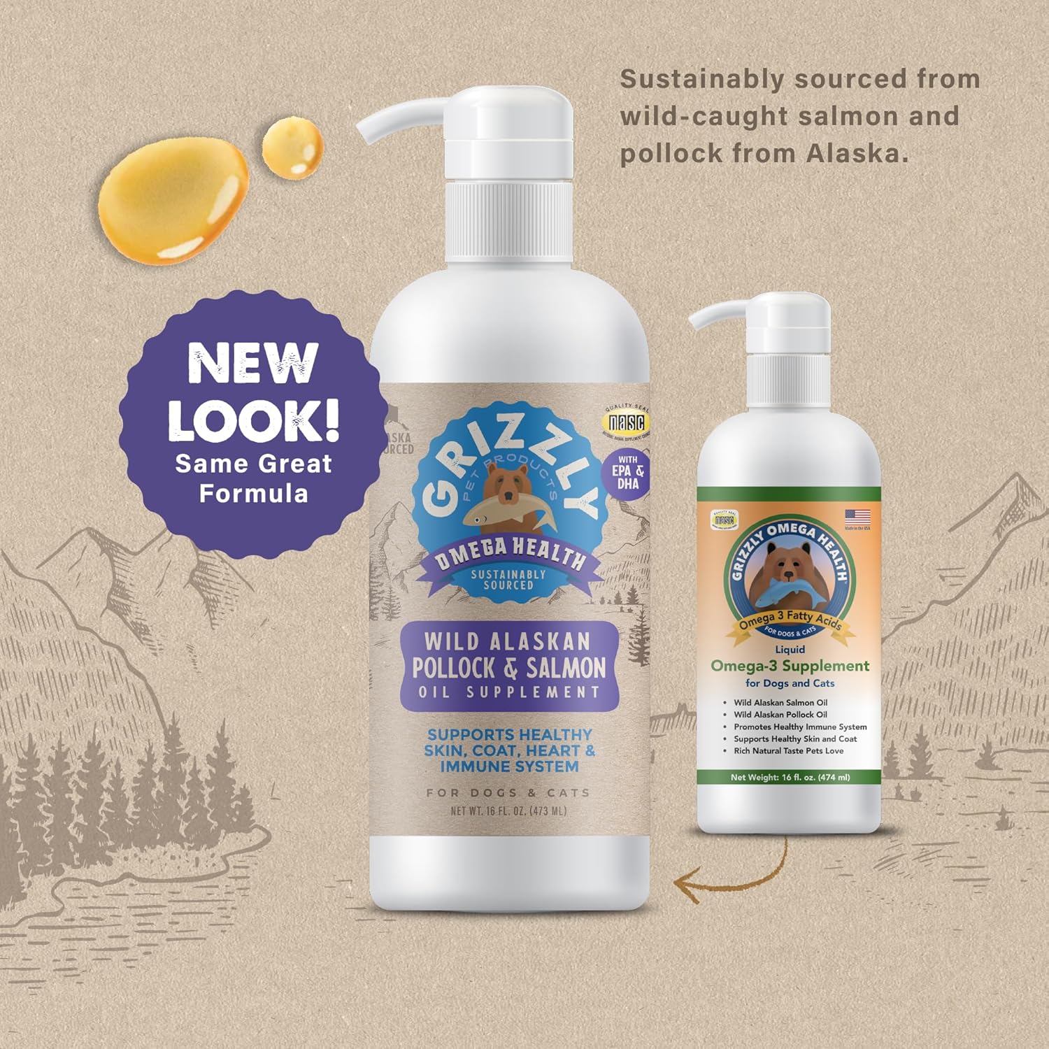 All-Natural Grizzly Omega Health Wild Salmon & Pollock Oil Blend for Dogs and Cats