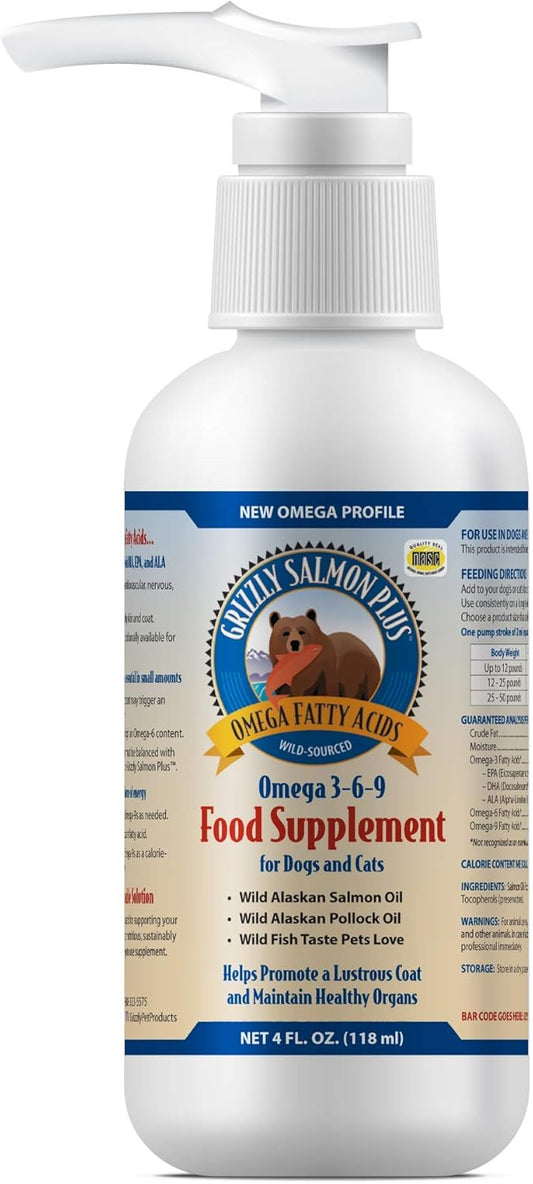 All-Natural Grizzly Salmon Oil Cat Food Supplement 4 oz - Omega 3 Fatty Acids