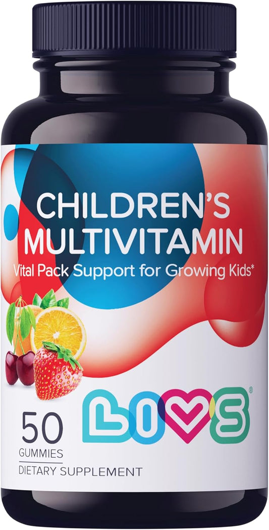 All-Natural Kids Multivitamin Gummies - LIVS Children's Multivitamin | Gluten-Free, Non-GMO, Strawberry, Orange, Cherry Flavored - 50 Count