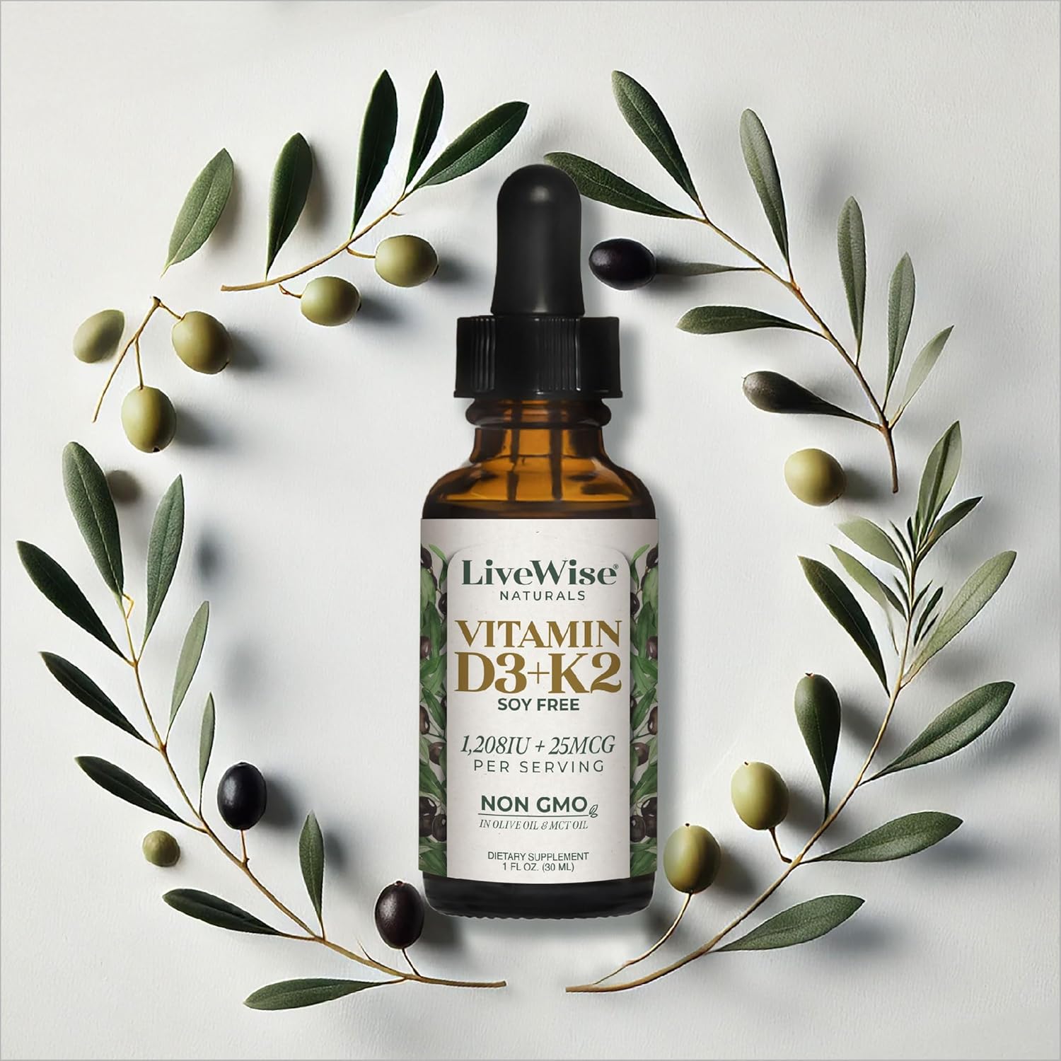 All-Natural Live Wise Naturals Vitamin D3 with K2 Liquid Drops - Non-GMO, 1208iu D3 & 25mcg K2 (mk7) - Supports Bones, Immune System, Energy - Peppermint Optional