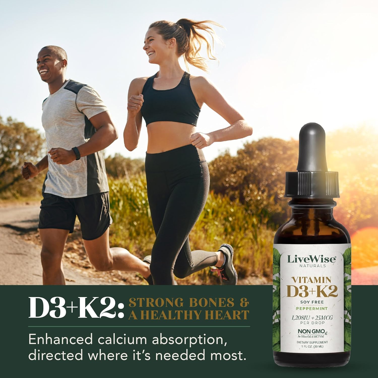 All-Natural Live Wise Naturals Vitamin D3 with K2 Liquid Drops - Non-GMO, 1208iu D3 & 25mcg K2 (mk7) - Supports Bones, Immune System, Energy - Peppermint Optional