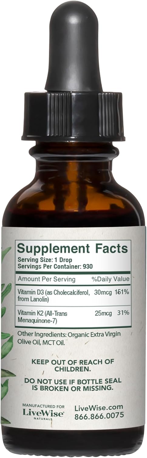 All-Natural Live Wise Naturals Vitamin D3 with K2 Liquid Drops - Non-GMO, 1208iu D3 & 25mcg K2 (mk7) - Supports Bones, Immune System, Energy - Peppermint Optional