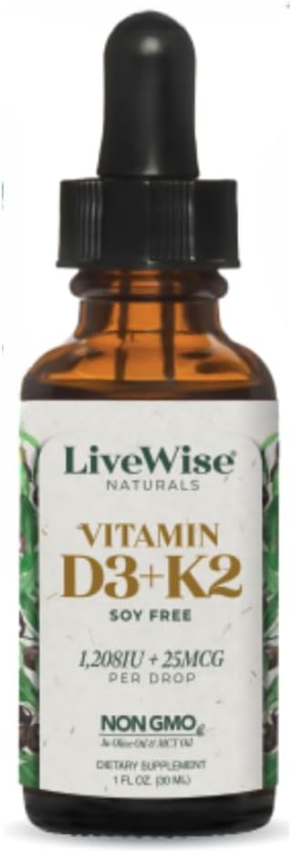 All-Natural Live Wise Naturals Vitamin D3 with K2 Liquid Drops - Non-GMO, 1208iu D3 & 25mcg K2 (mk7) - Supports Bones, Immune System, Energy - Peppermint Optional