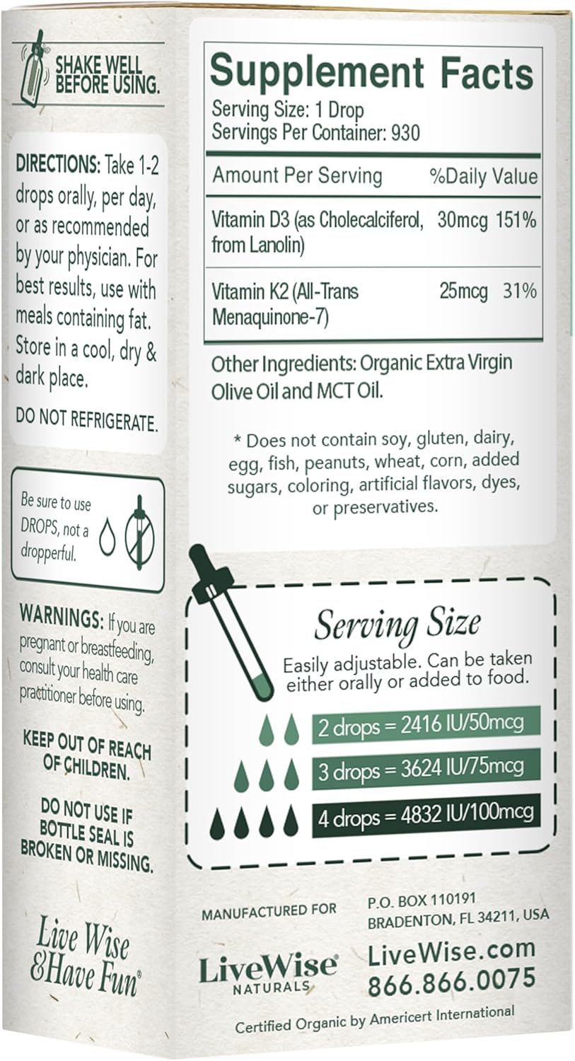 All-Natural Live Wise Naturals Vitamin D3 with K2 Liquid Drops - Non-GMO, 1208iu D3 & 25mcg K2 (mk7) - Supports Bones, Immune System, Energy - Peppermint Optional