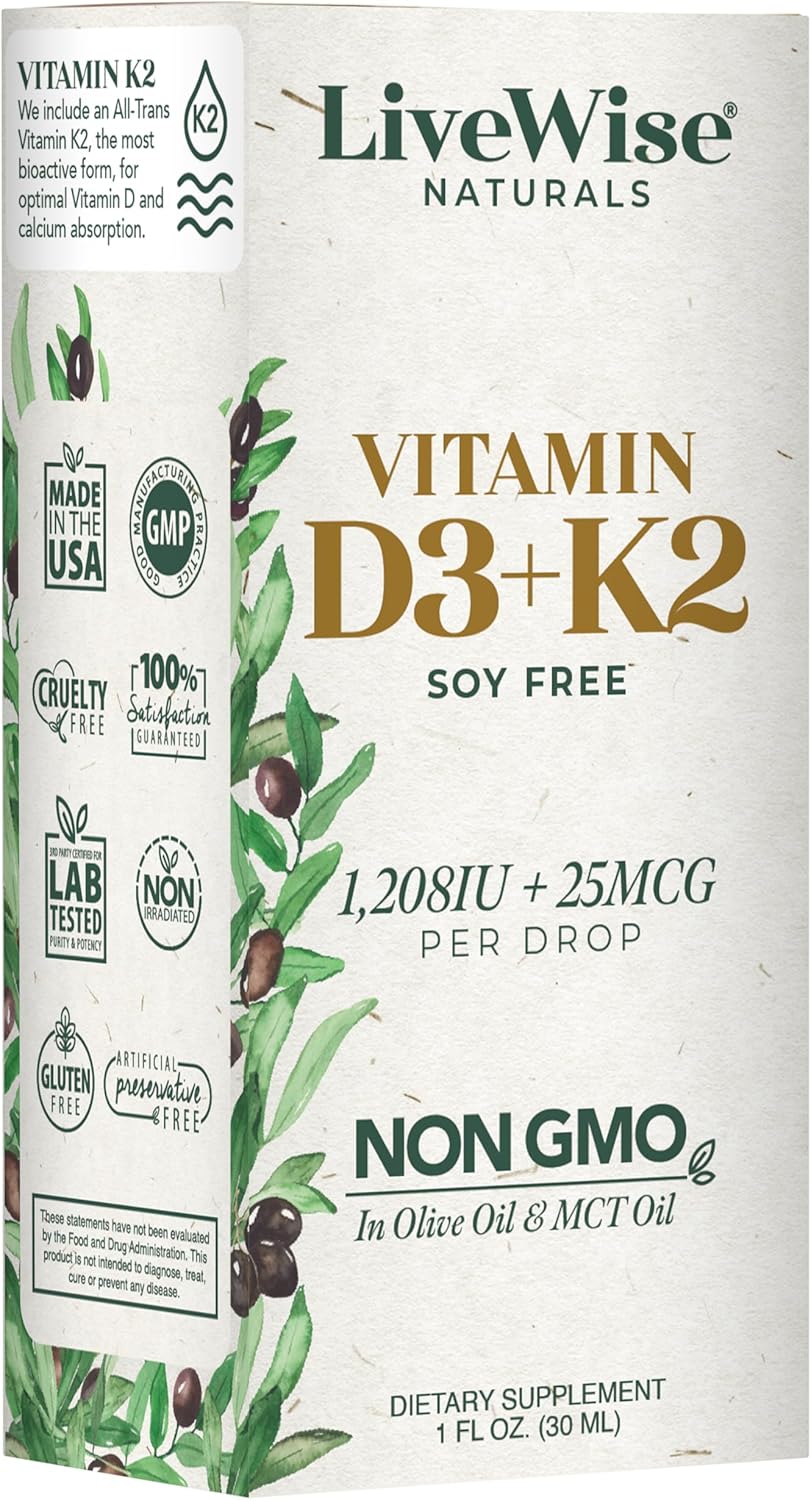 All-Natural Live Wise Naturals Vitamin D3 with K2 Liquid Drops - Non-GMO, 1208iu D3 & 25mcg K2 (mk7) - Supports Bones, Immune System, Energy - Peppermint Optional