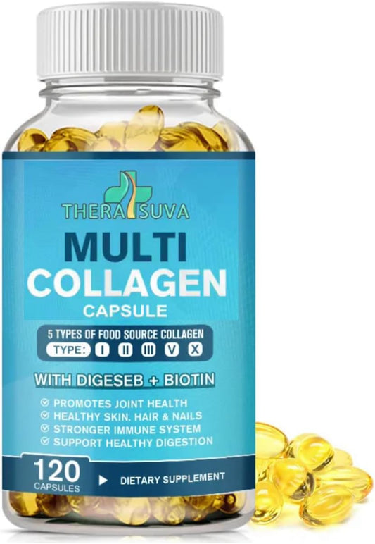 All Natural Multi-Collagen Complex with Biotin & Vitamin C for Hair, Skin, Nails & Joint Health - 120 Capsules, Non GMO, Type I II III V X