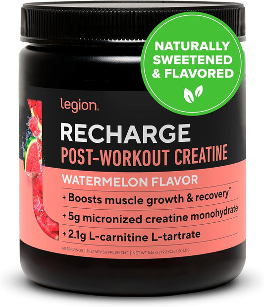 All Natural Muscle Builder & Recovery Drink with Creatine Monohydrate - Legion Athletics Recharge Post Workout Supplement, Watermelon Flavor, 60 Servings