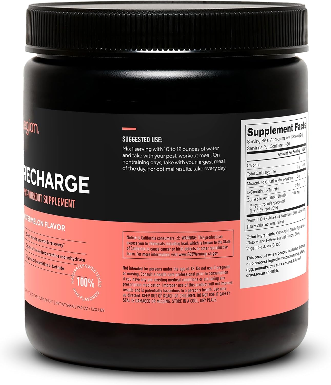 All Natural Muscle Builder & Recovery Drink with Creatine Monohydrate - Legion Athletics Recharge Post Workout Supplement, Watermelon Flavor, 60 Servings