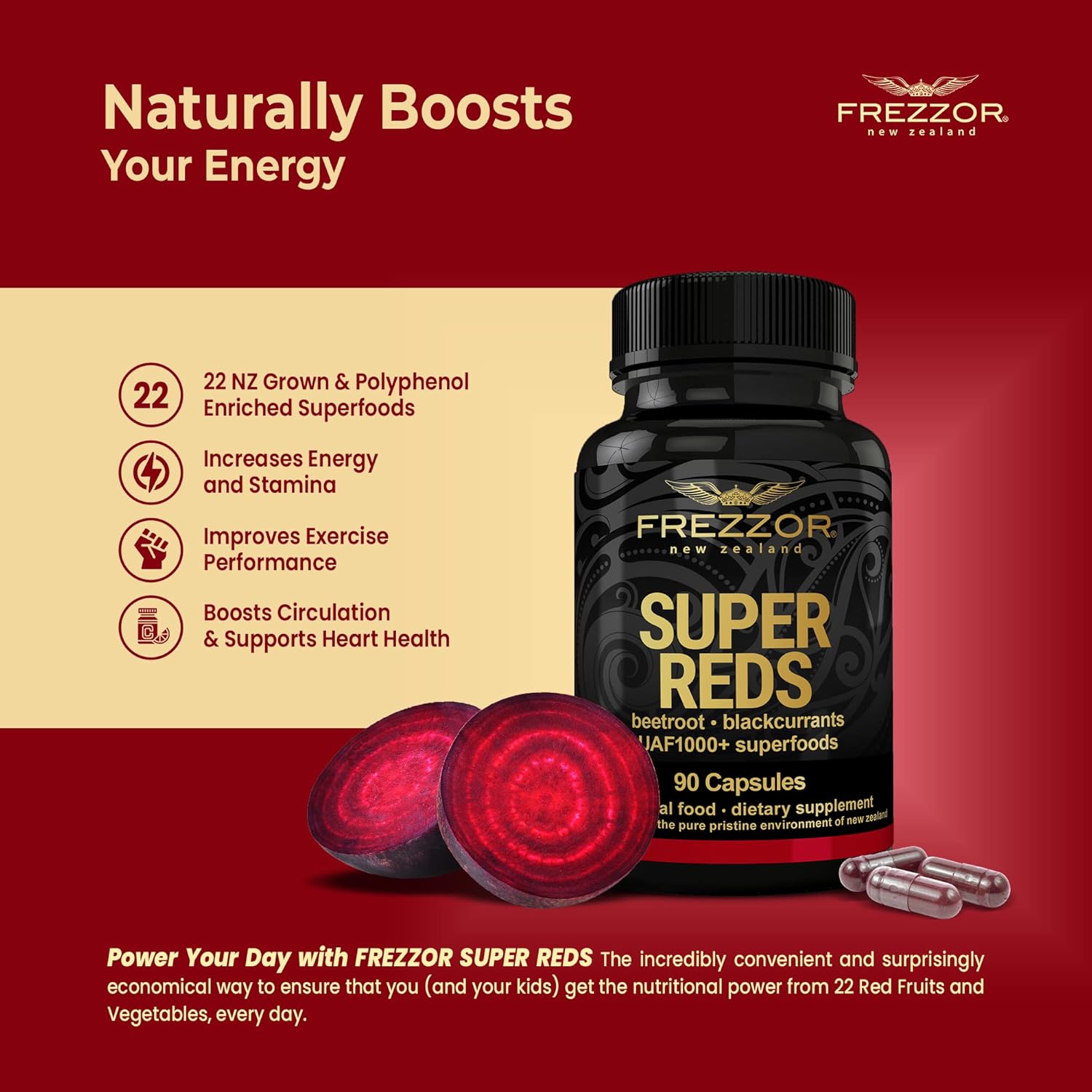All-Natural New Zealand Red Superfood Energy Capsules with Antioxidants & Enzymes, 90 Capsules