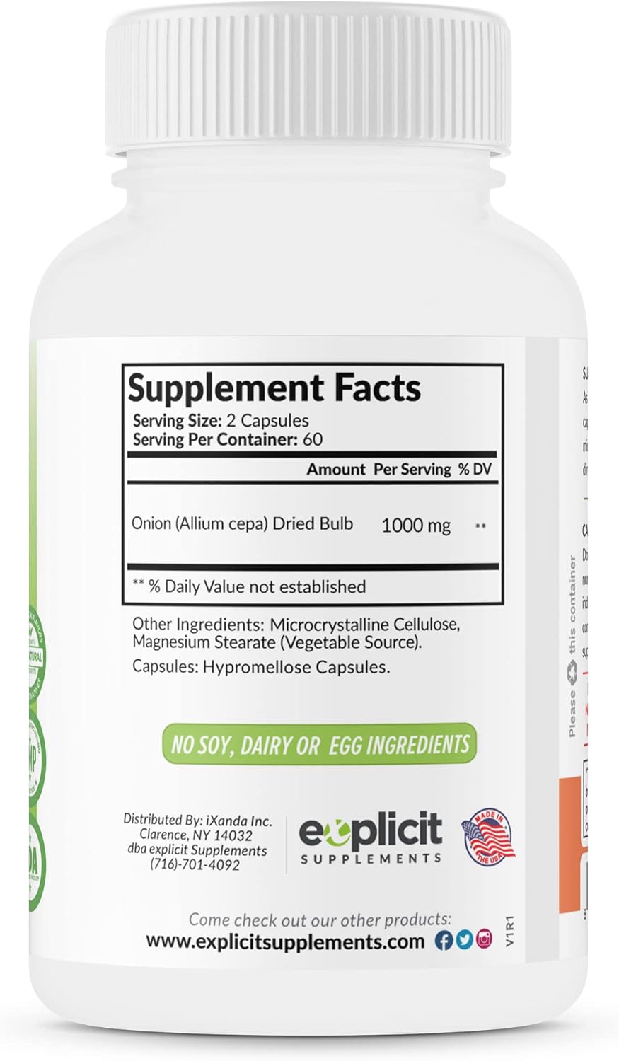 All Natural Onion Extract 1000mg Capsules for Herbal Support - Dried Onion Bulb (Allium Cepa) Dietary Supplement