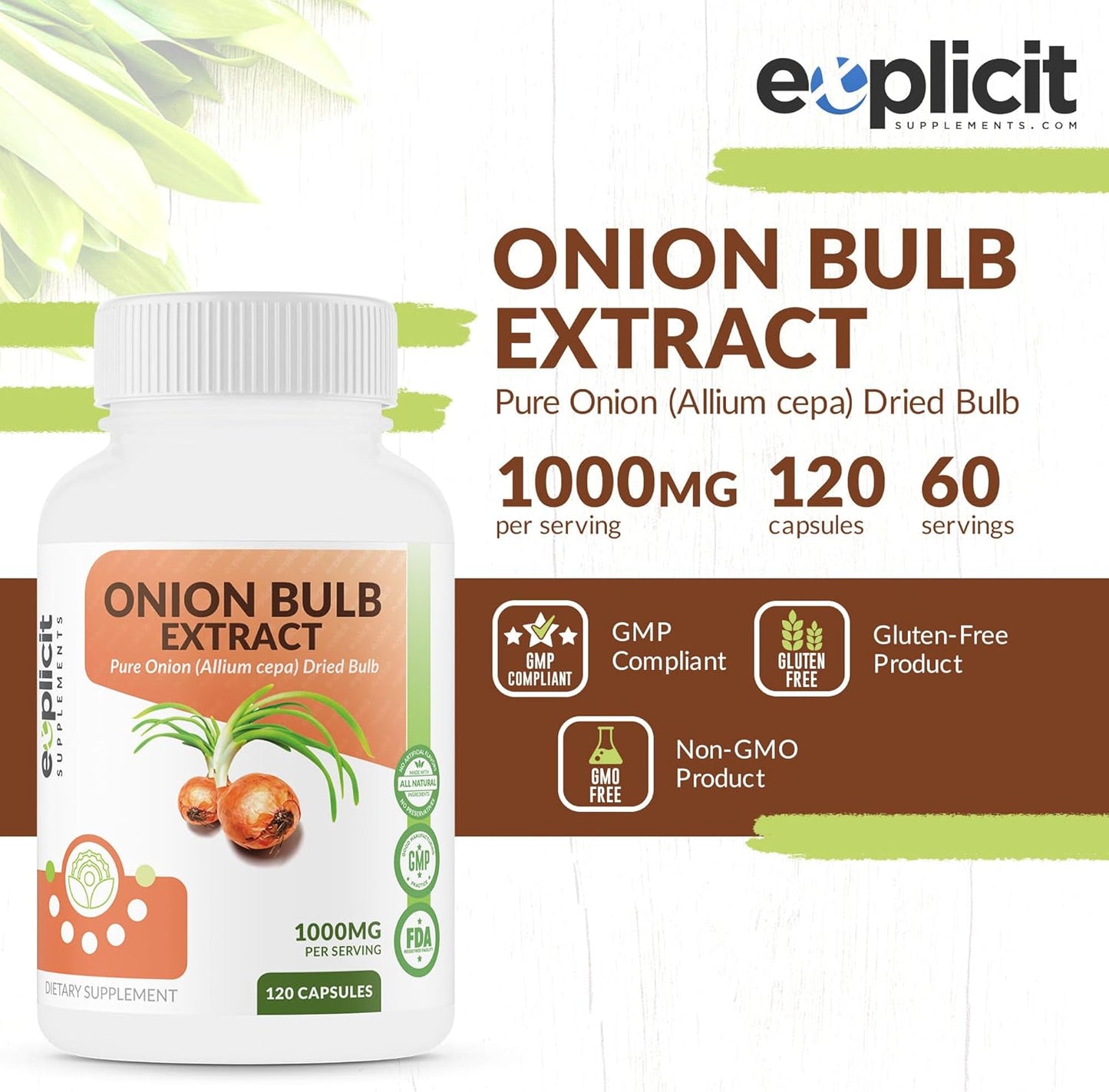 All Natural Onion Extract 1000mg Capsules for Herbal Support - Dried Onion Bulb (Allium Cepa) Dietary Supplement