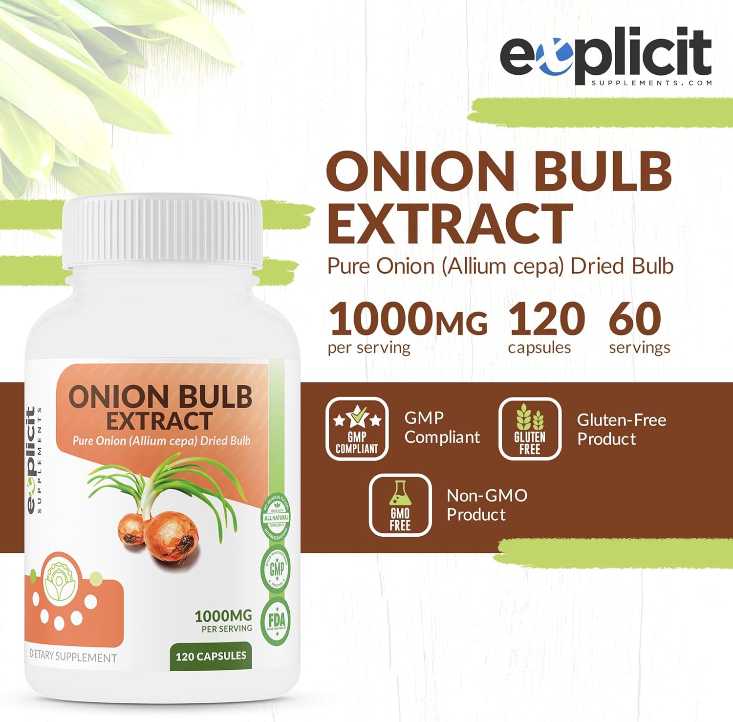 All Natural Onion Extract 1000mg Capsules for Herbal Support - Dried Onion Bulb (Allium Cepa) Dietary Supplement