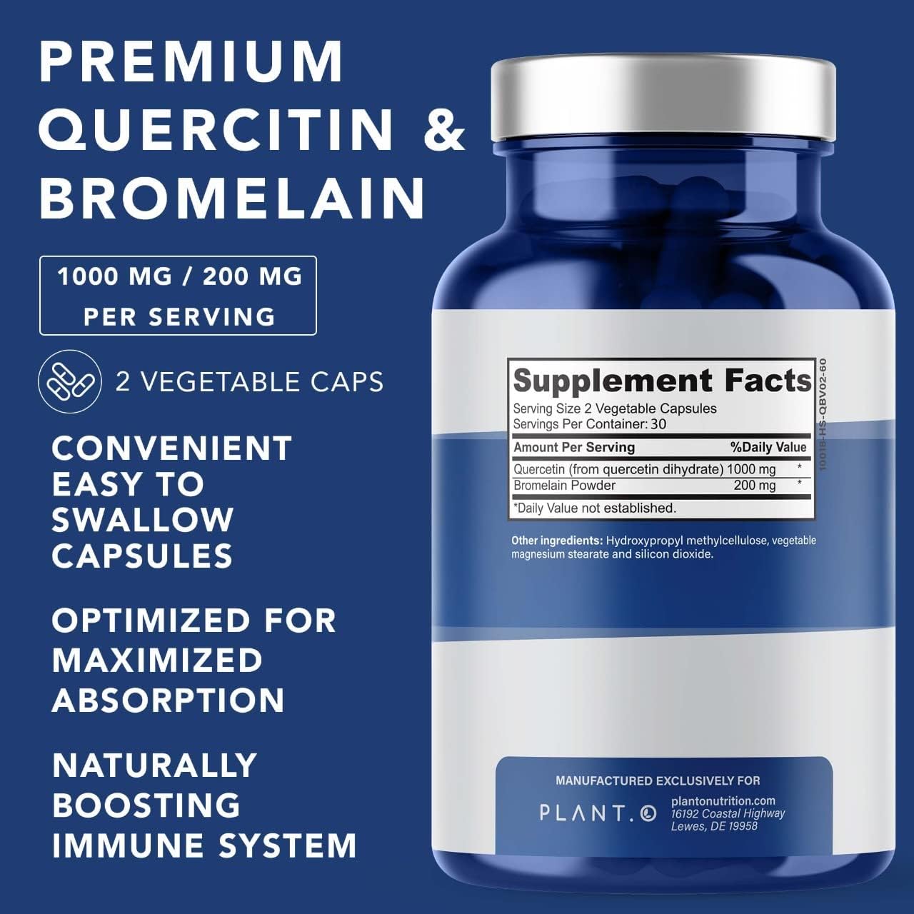 All Natural Plant.O Nutrition Quercetin with Bromelain Capsules - Immune, Respiratory, Joint Support - 1000mg Quercetin, 200mg Bromelain - 60 Veg Caps