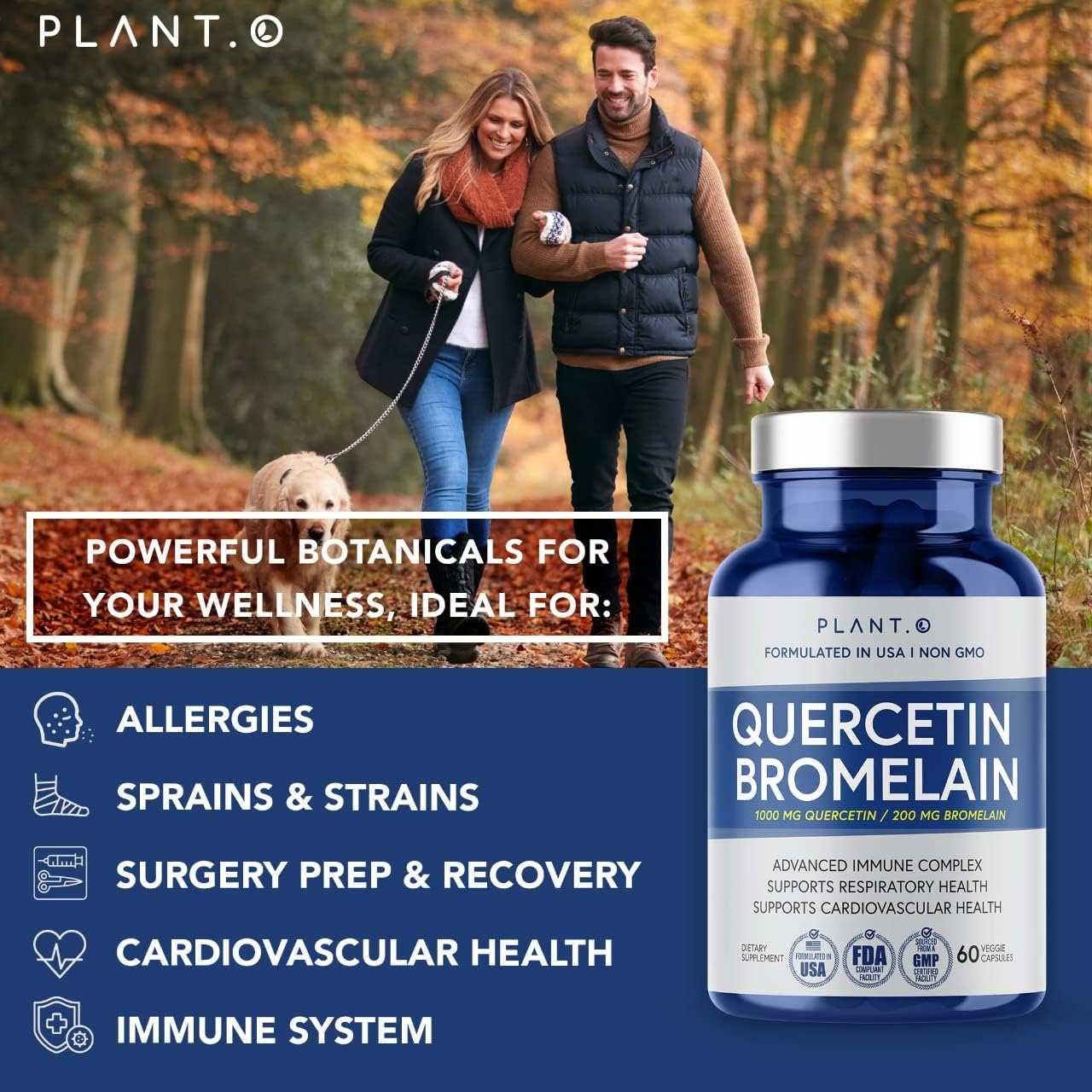 All Natural Plant.O Nutrition Quercetin with Bromelain Capsules - Immune, Respiratory, Joint Support - 1000mg Quercetin, 200mg Bromelain - 60 Veg Caps