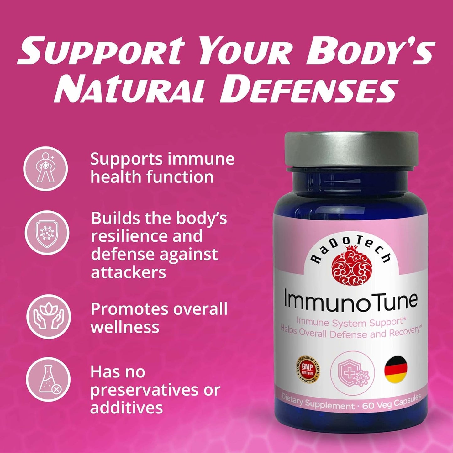 All-Natural RaDoTech ImmunoTune Immune Support Supplement - Boost Bodily Resistance and Defense, Fortify Immune Health - 60 Veg Capsules