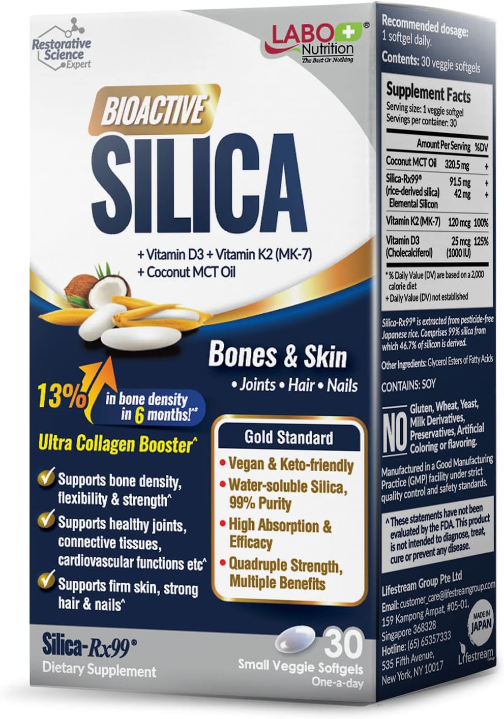 All-Natural Rice-Derived Silica Supplement for Collagen Production, Joint & Bone Health, Skin, Hair & Nails - Vegetarian-Friendly Formula with High Purity & Silicon Content