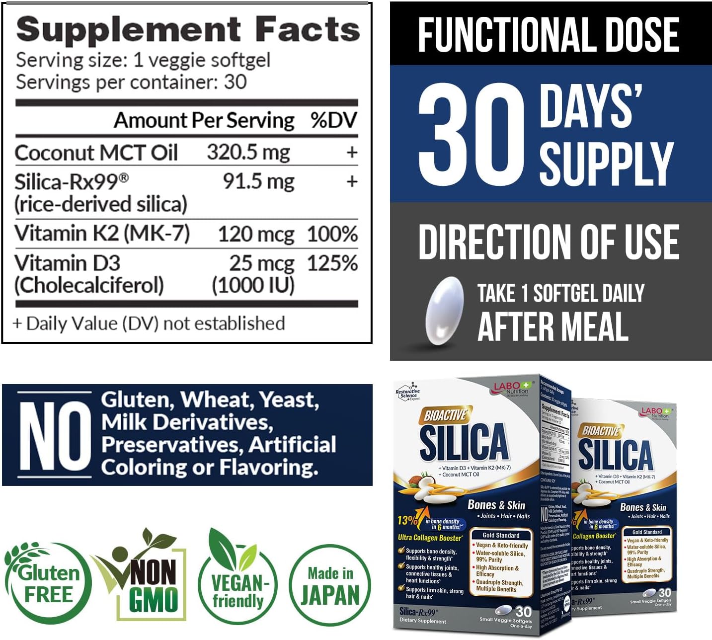 All-Natural Rice-Derived Silica Supplement for Collagen Production, Joint & Bone Health, Skin, Hair & Nails - Vegetarian-Friendly Formula with High Purity & Silicon Content